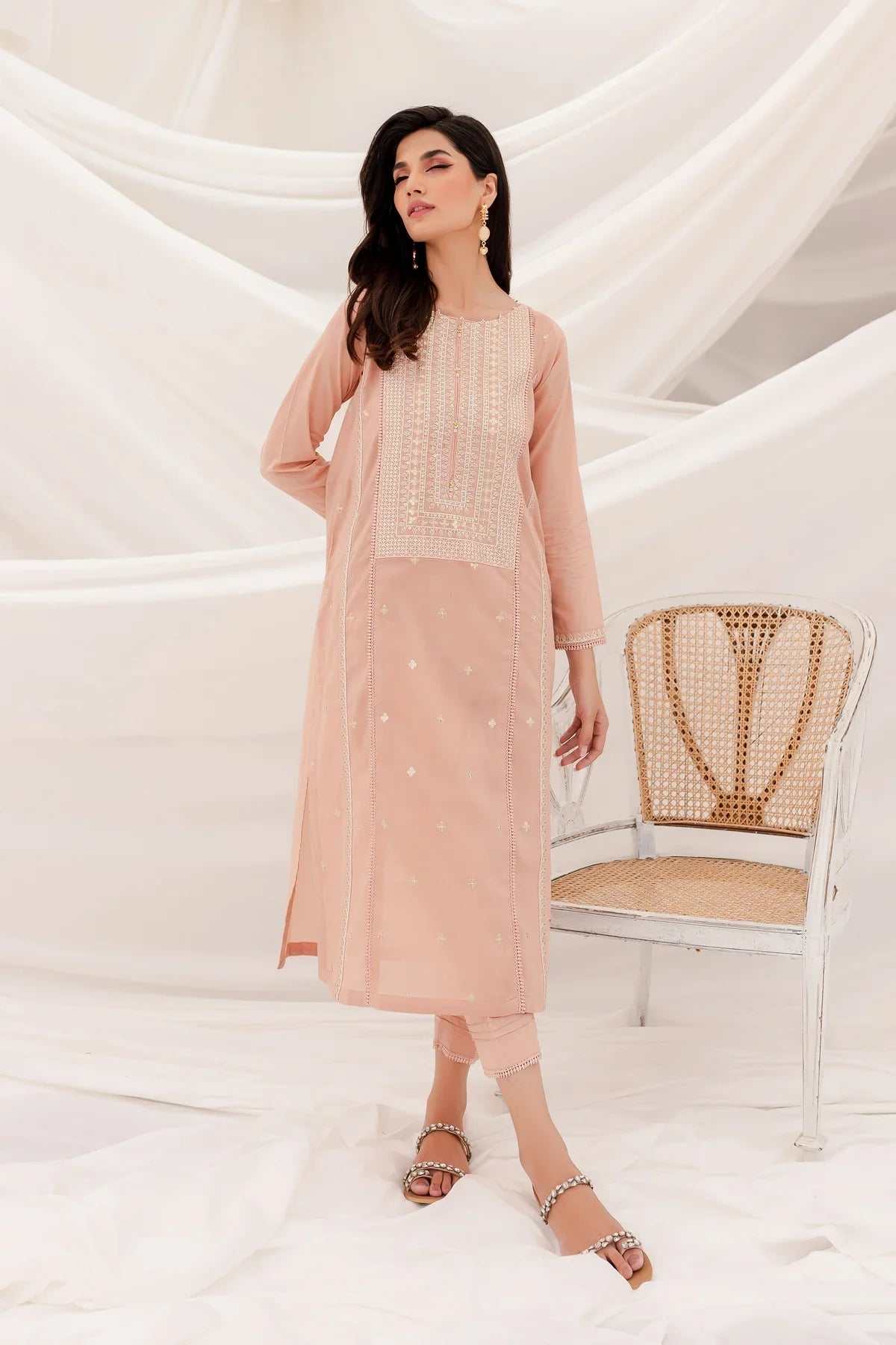 Women's light pink cambric fabric 2-piece embroidered shirt and tailored trouser set